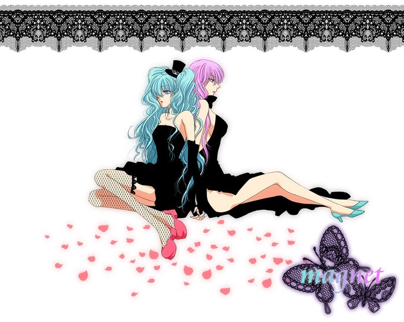 Two anime girls with lace and petals