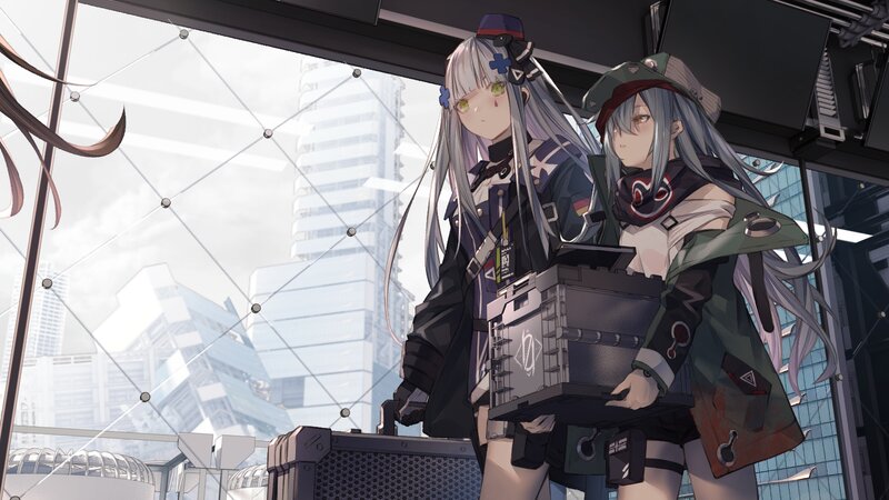 Two Anime Girls with Luggage — Gray