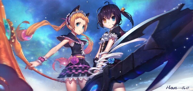 Two anime girls with magical weapons