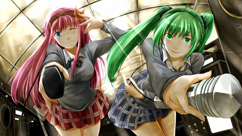 Two anime girls with microphones