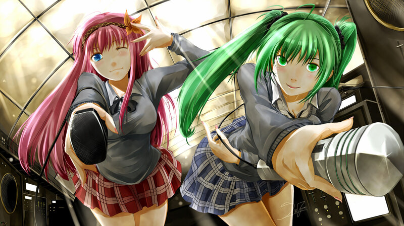 Two Anime Girls with Microphones — Green