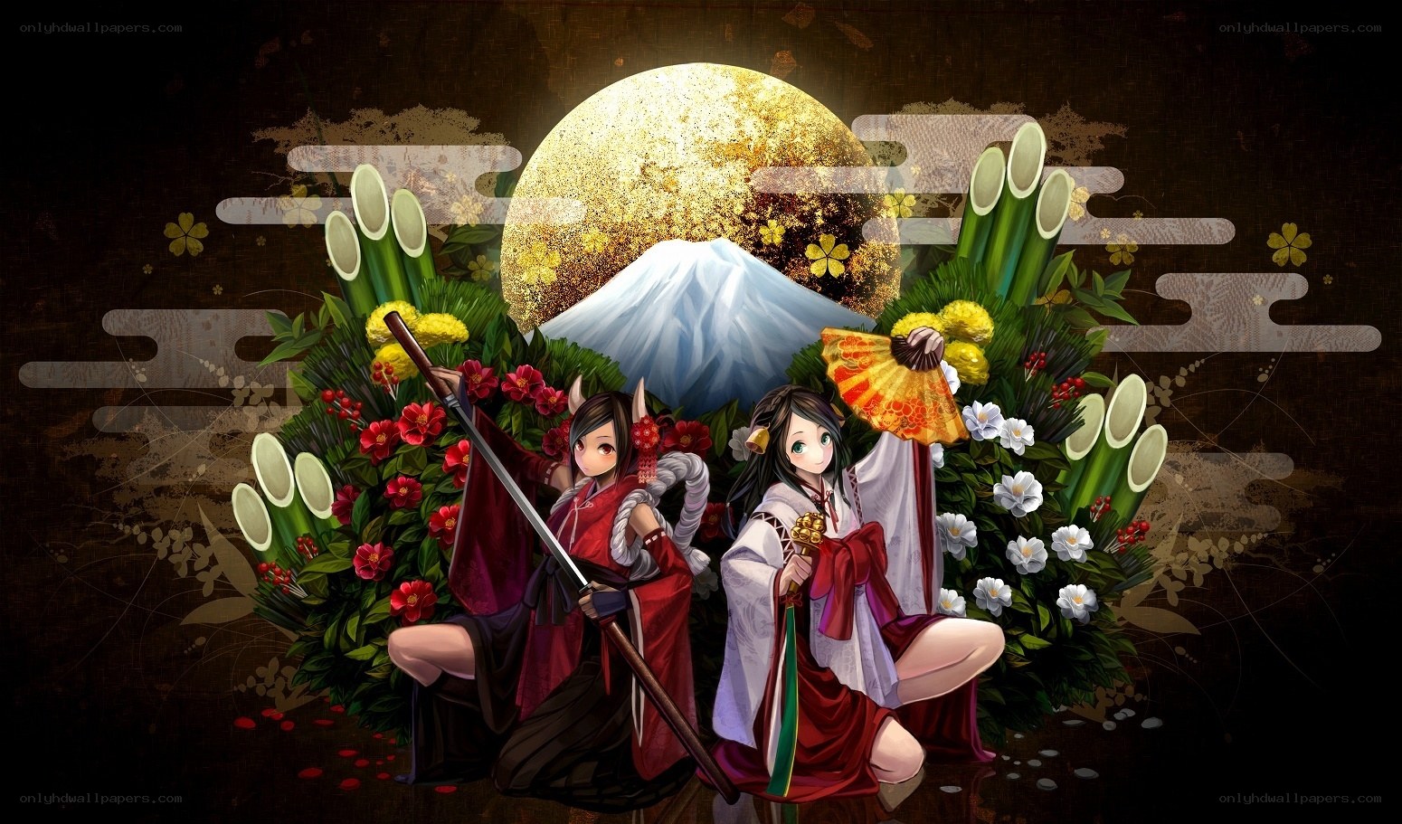 Two anime girls with Mount Fuji