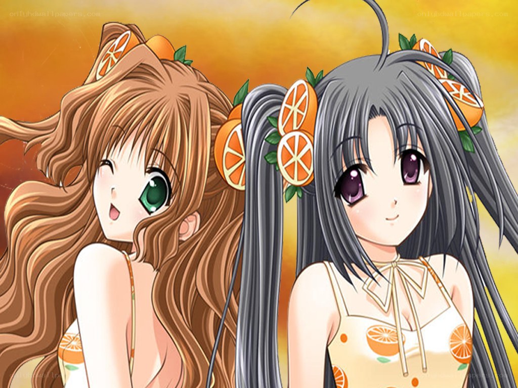 Two anime girls with oranges