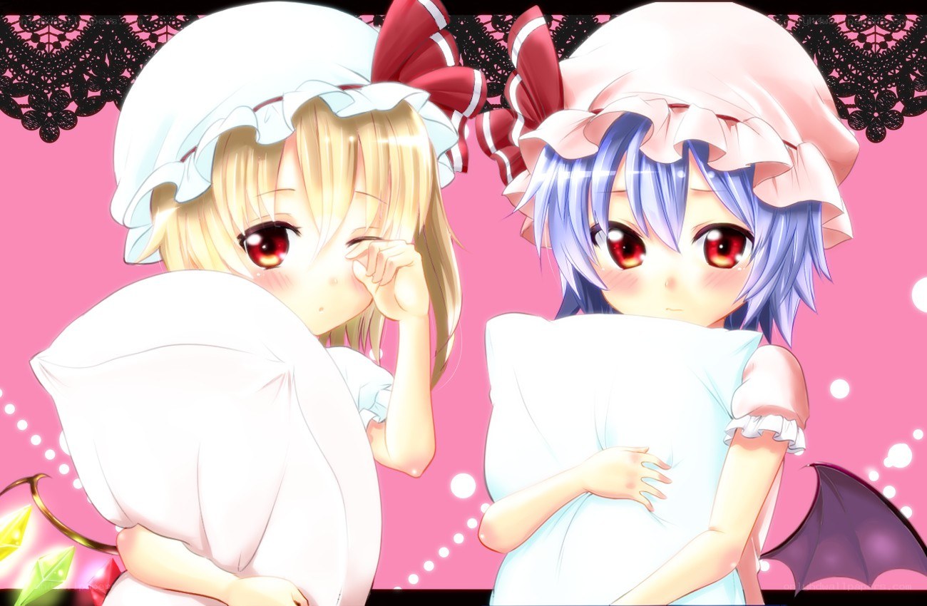 two anime girls with pillows