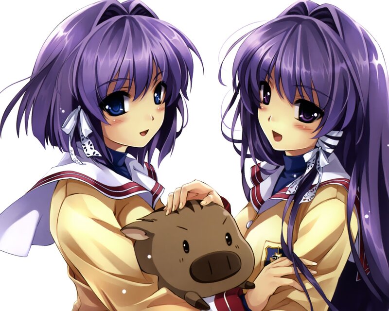 Two anime girls with plush toy