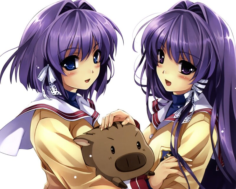 Two anime girls with plush toy