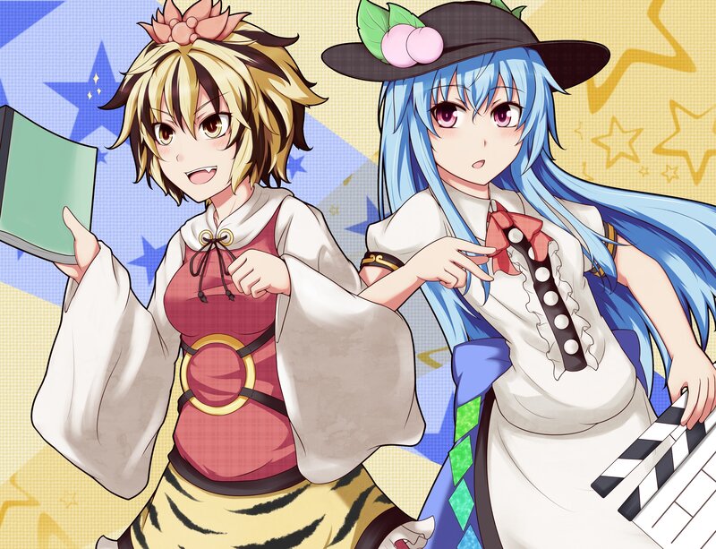 Two anime girls with props