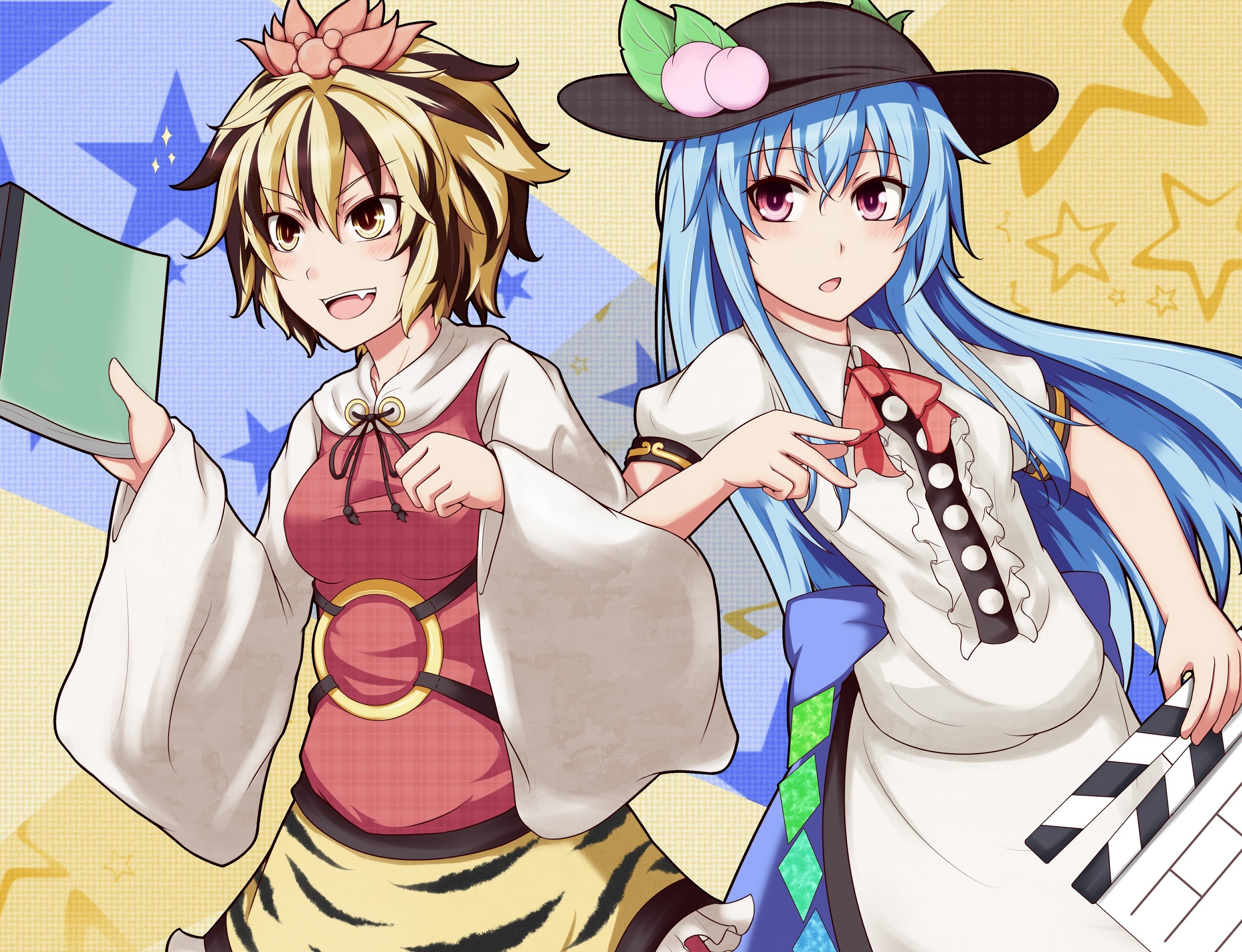 Two anime girls with props