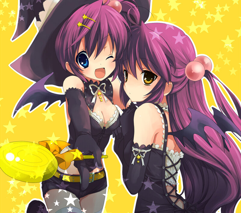 two anime girls with purple hair