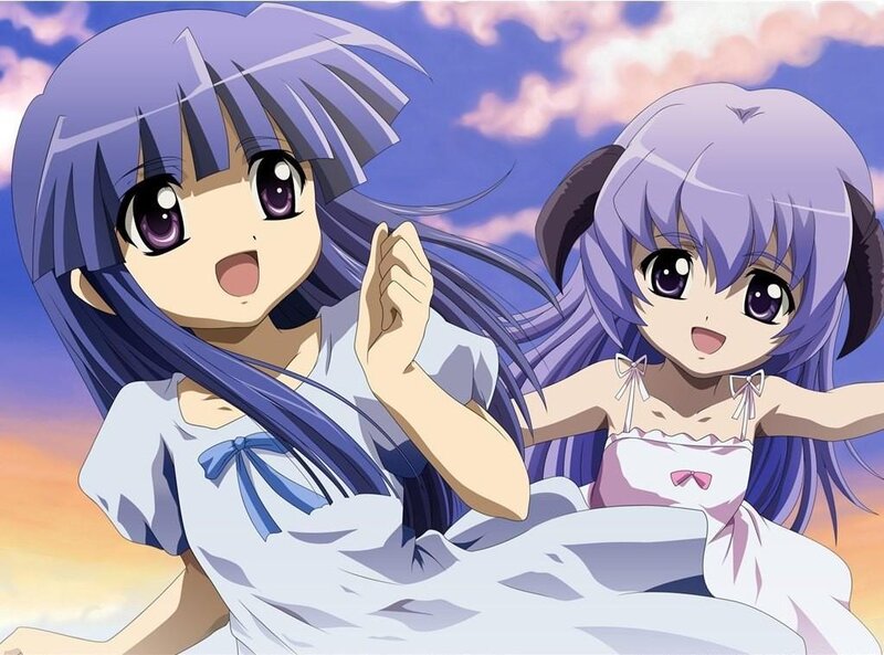 Two anime girls with purple hair
