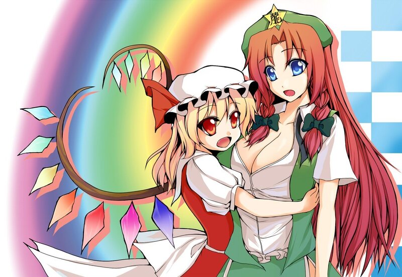 Two anime girls with rainbow background