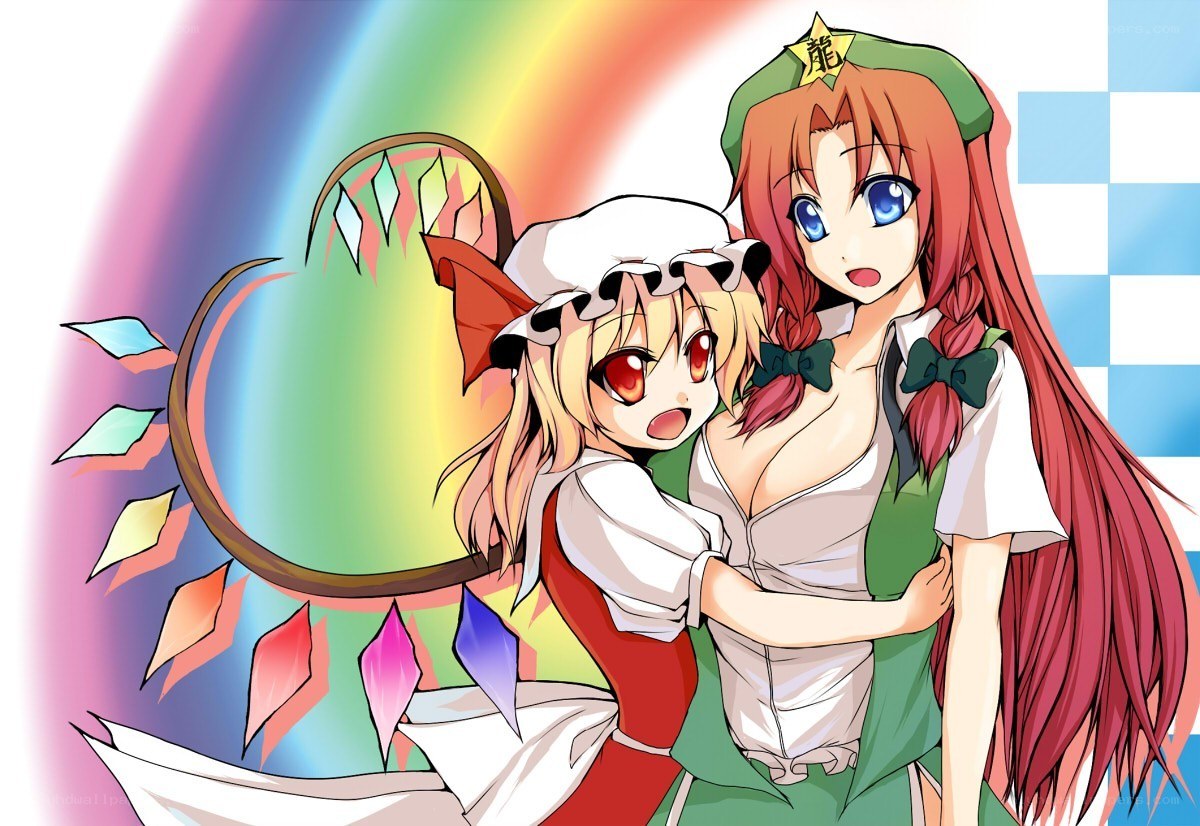 Two anime girls with rainbow background