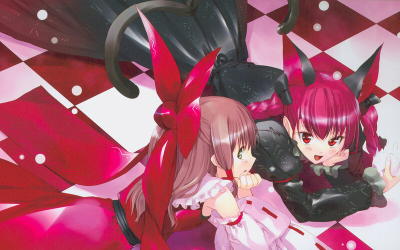 Two anime girls with red bows
