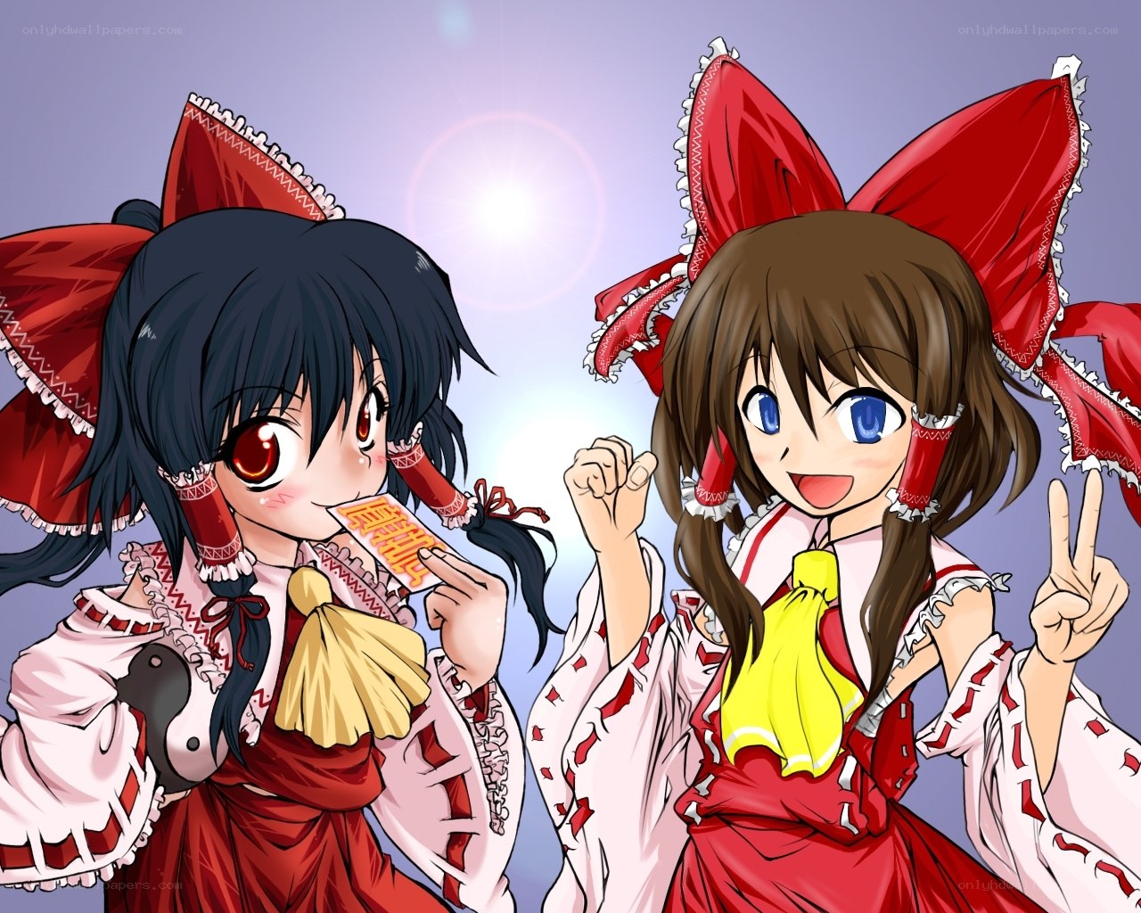 two anime girls with red bows