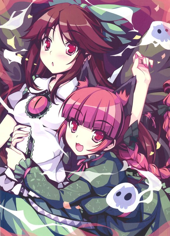 two anime girls with red eyes