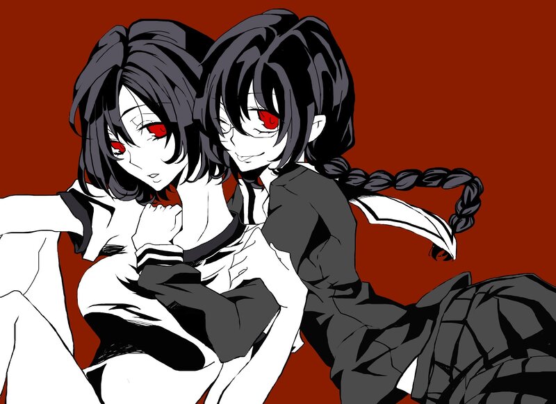 Two anime girls with red eyes