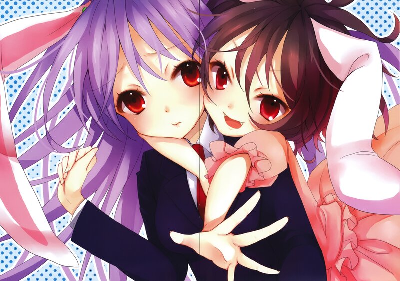 Two anime girls with red eyes