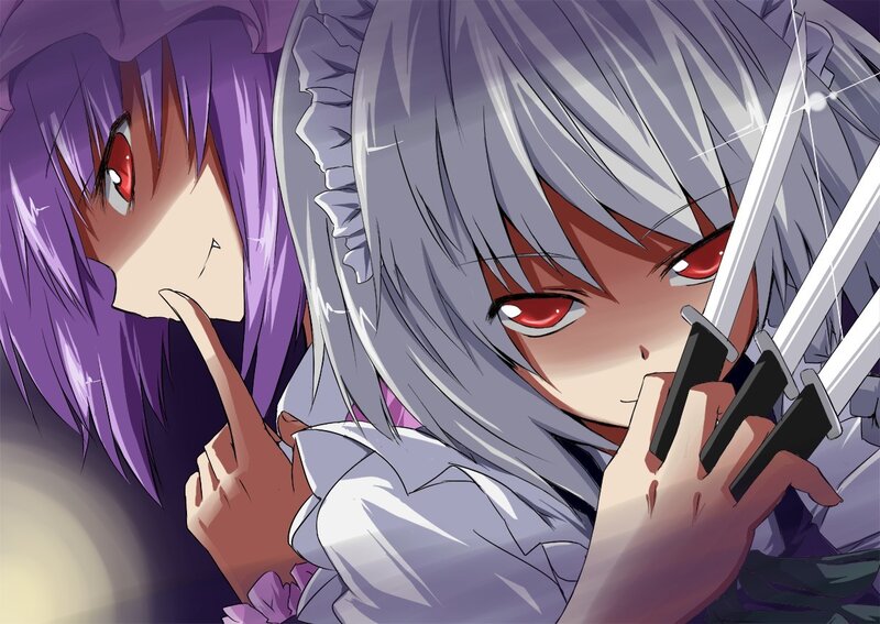 Two anime girls with red eyes