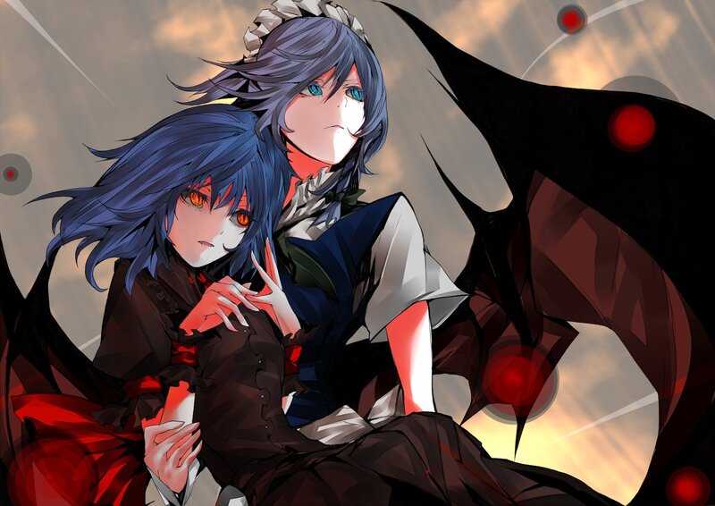 Two anime girls with red eyes