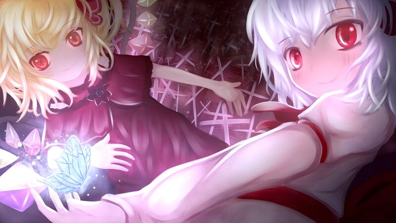 two anime girls with red eyes