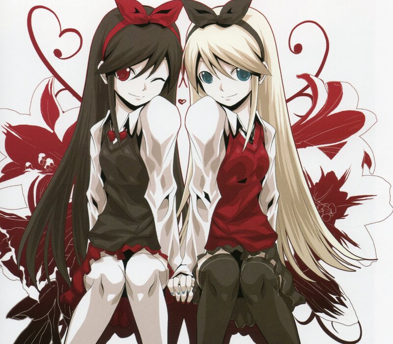 Two anime girls with red flowers