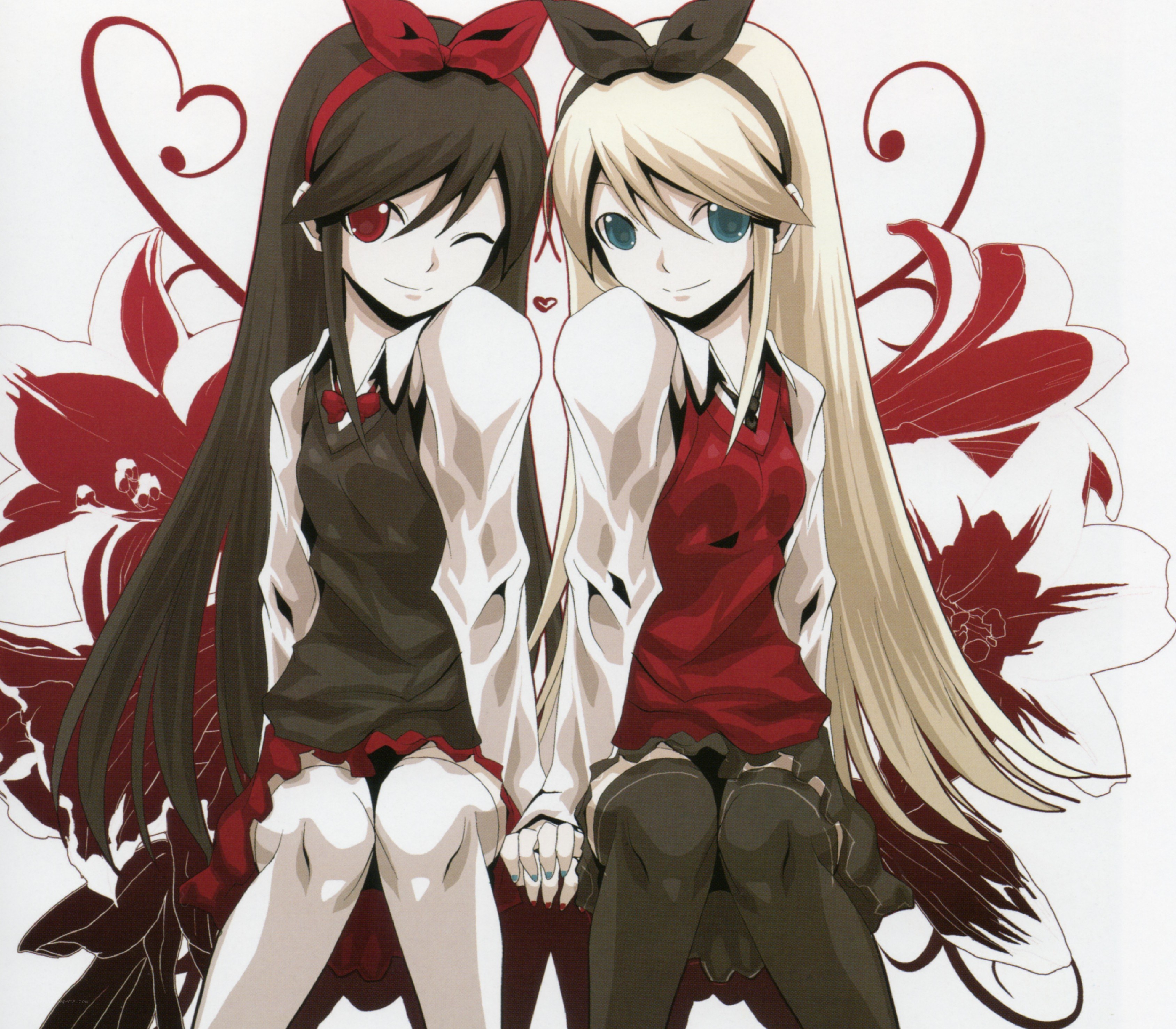 Two anime girls with red flowers