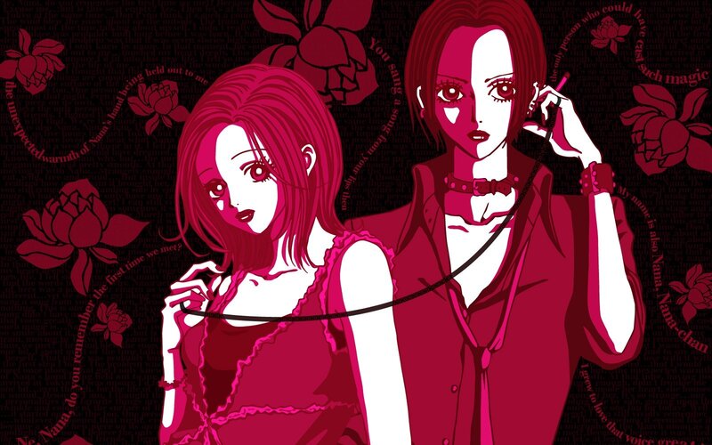 Two anime girls with red flowers