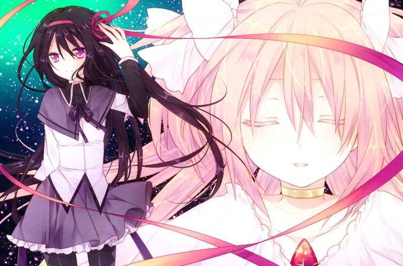 Two anime girls with ribbons