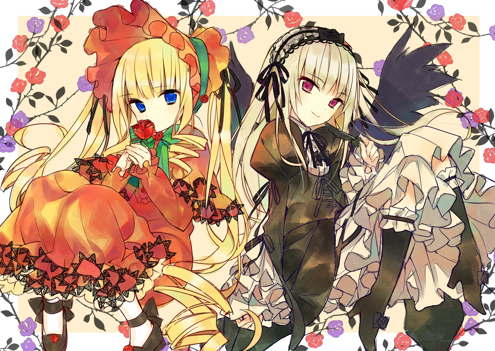 Two anime girls with roses