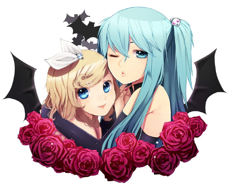 Two Anime Girls with Roses — Blue, Playful