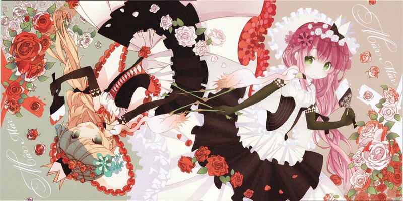 Two Anime Girls with Roses — Pink, Dreamy, Flowers