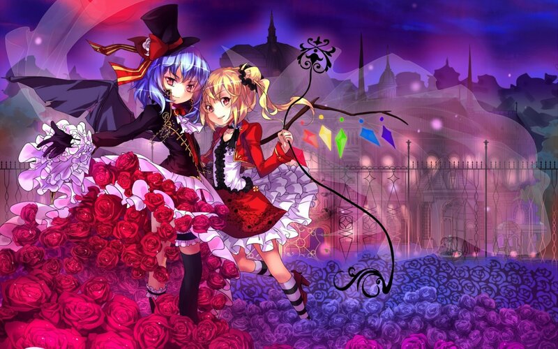 Two Anime Girls with Roses — Purple, Dramatic