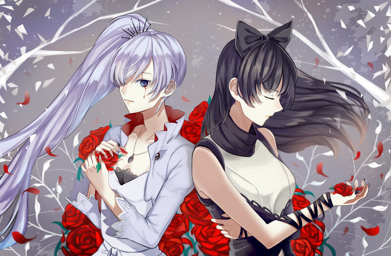 Two Anime Girls with Roses — Red, Dramatic, Flowers