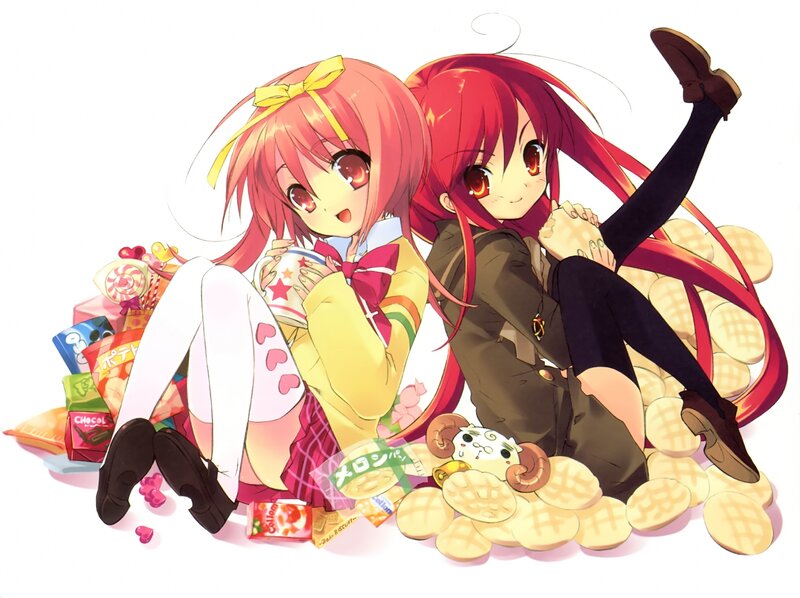 Two anime girls with snacks