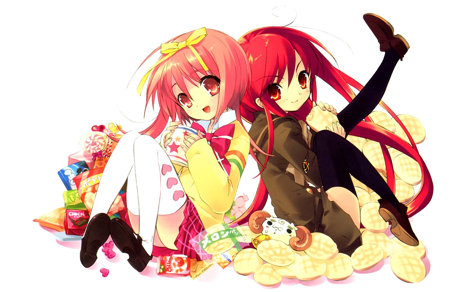 Two anime girls with snacks