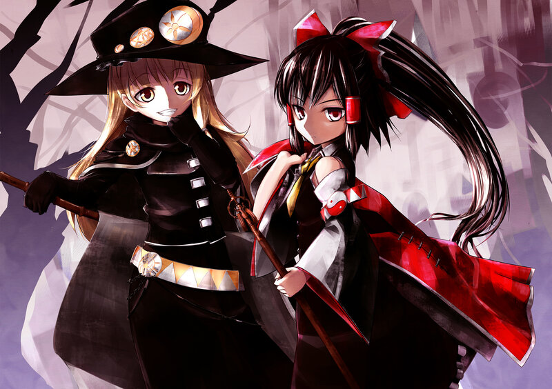 Two Anime Girls with Staffs — Black, Dramatic