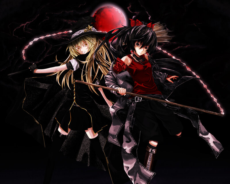 Two Anime Girls with Staffs — Black