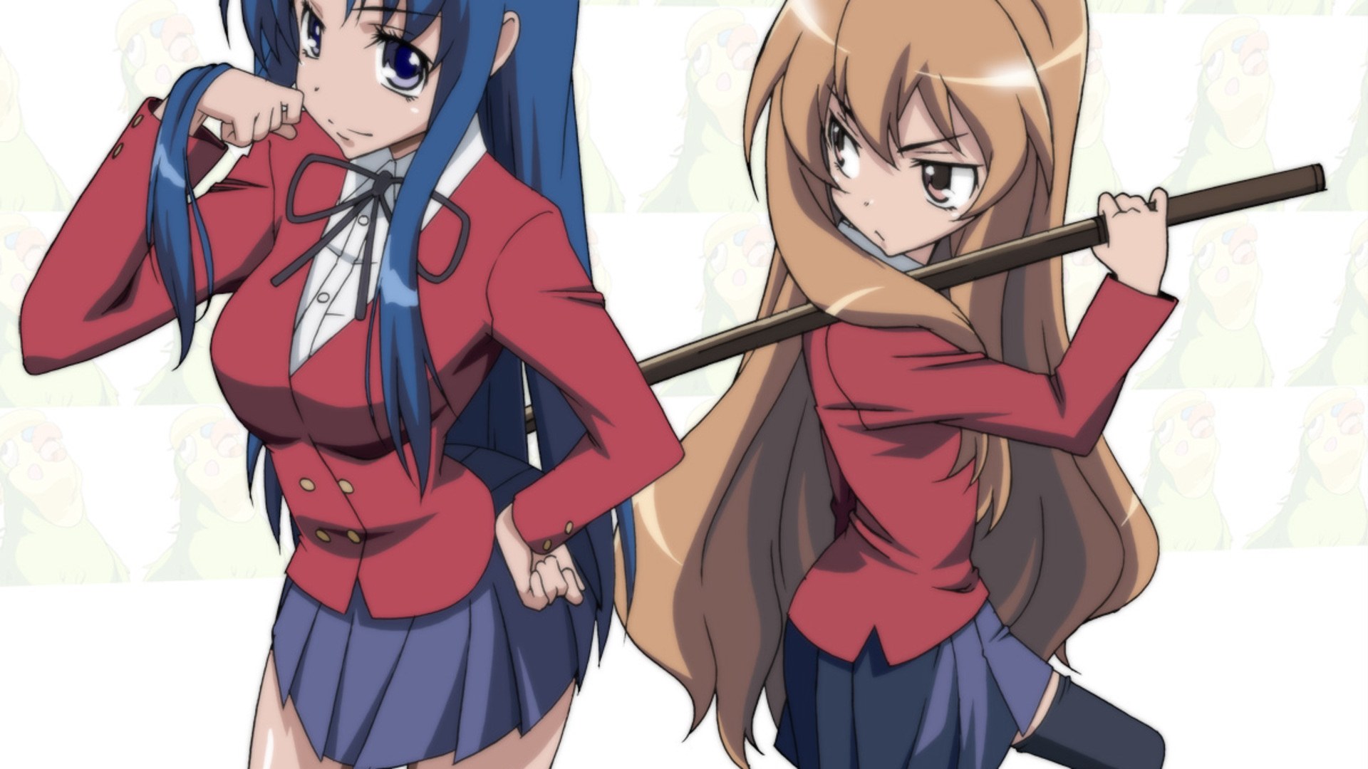Two anime girls with sticks