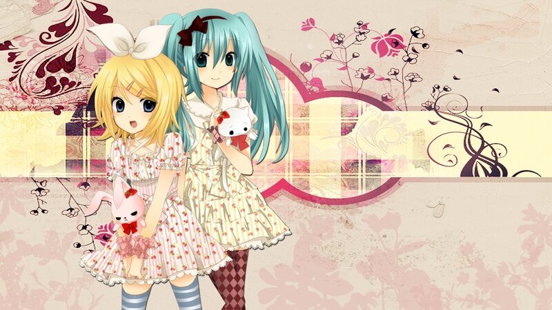 Two Anime Girls with Stuffed Animals — Pink
