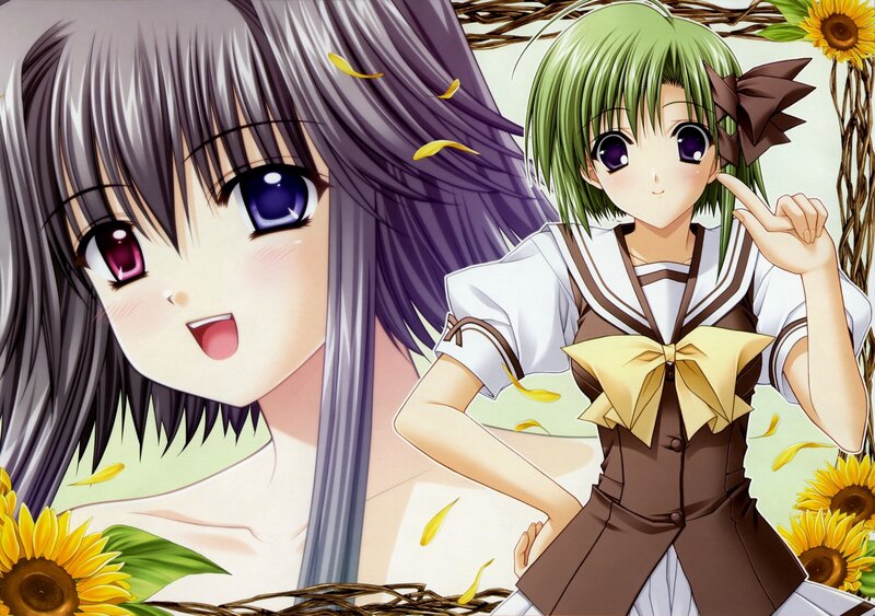 Two anime girls with sunflowers