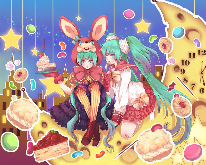 Two Anime Girls with Sweets — Blue, Whimsical