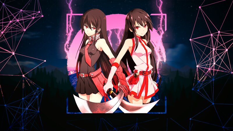 Two Anime Girls with Swords — Black, Dramatic, Night, Lightning