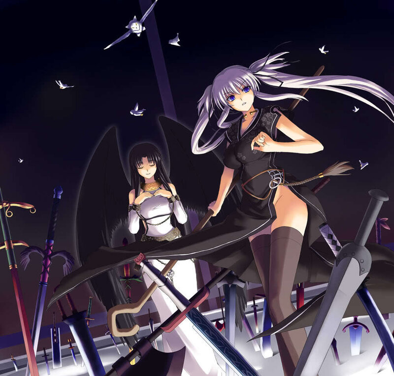 Two Anime Girls with Swords — Black, Dramatic, Night