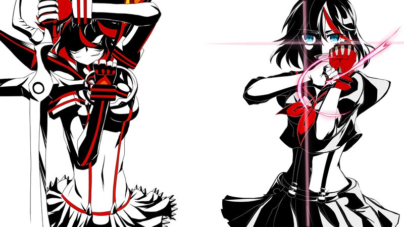Two Anime Girls with Swords — Black, Dramatic, Red Ribbons