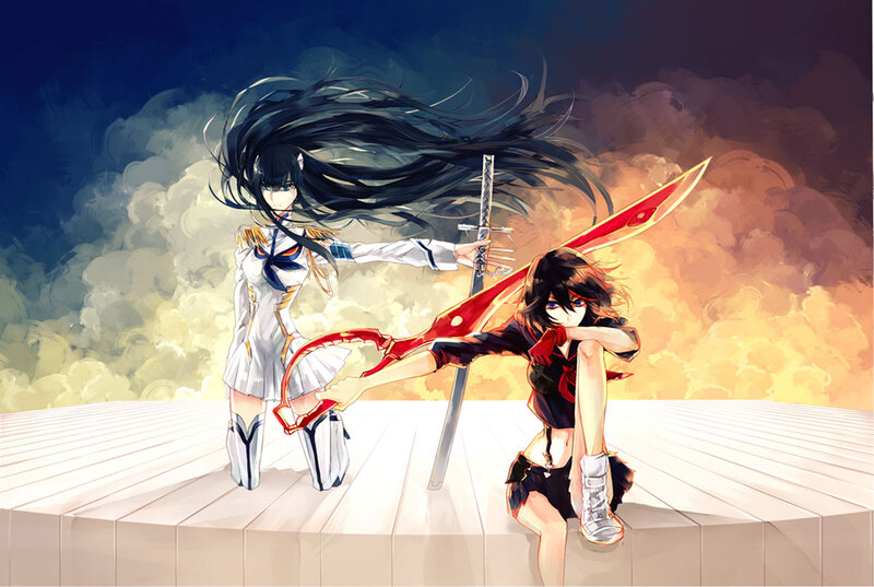 Two Anime Girls with Swords — Blue, Dramatic, Clouds