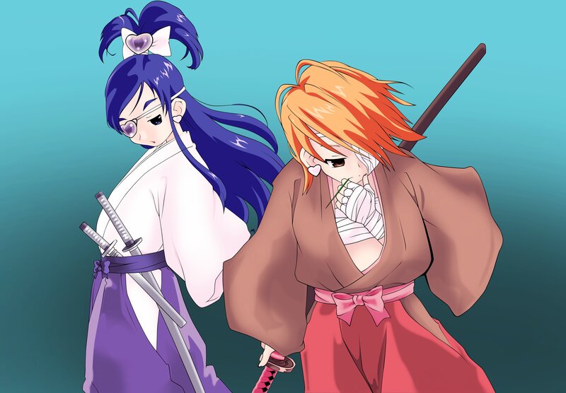 Two Anime Girls with Swords — Blue, Dramatic