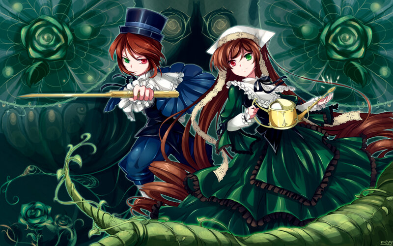 Two Anime Girls with Swords — Green, Dramatic, Roses