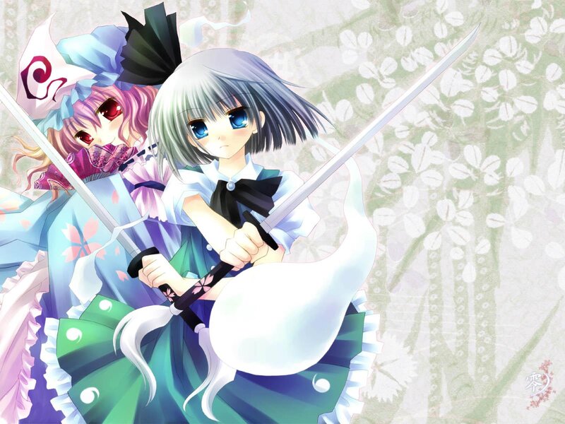 Two Anime Girls with Swords — Green, Dramatic