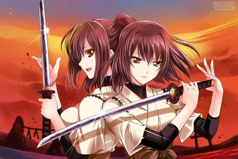 Two Anime Girls with Swords — Orange, Dramatic