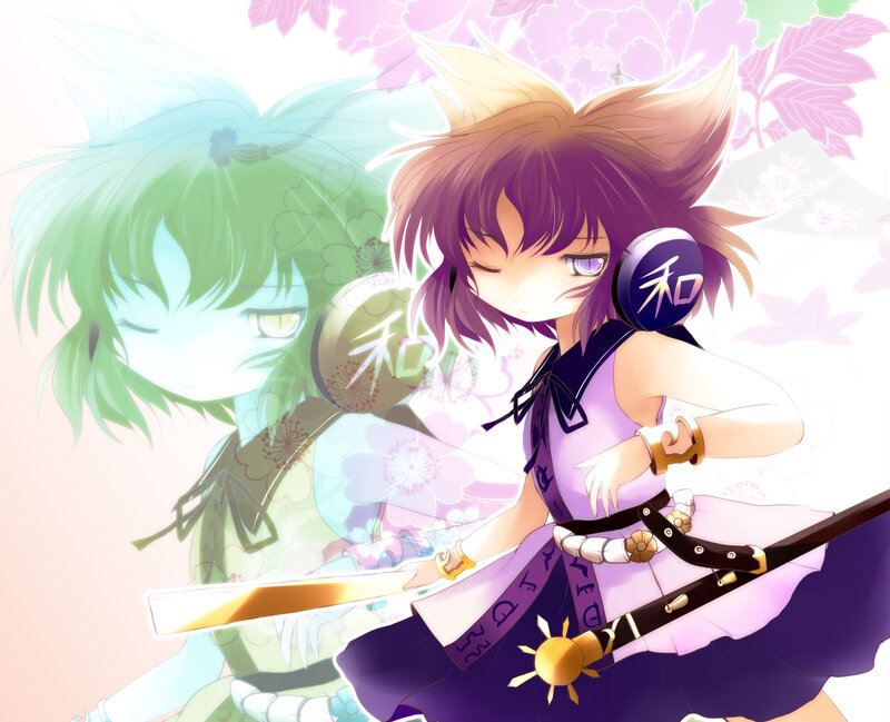 Two Anime Girls with Swords — Purple, Calm